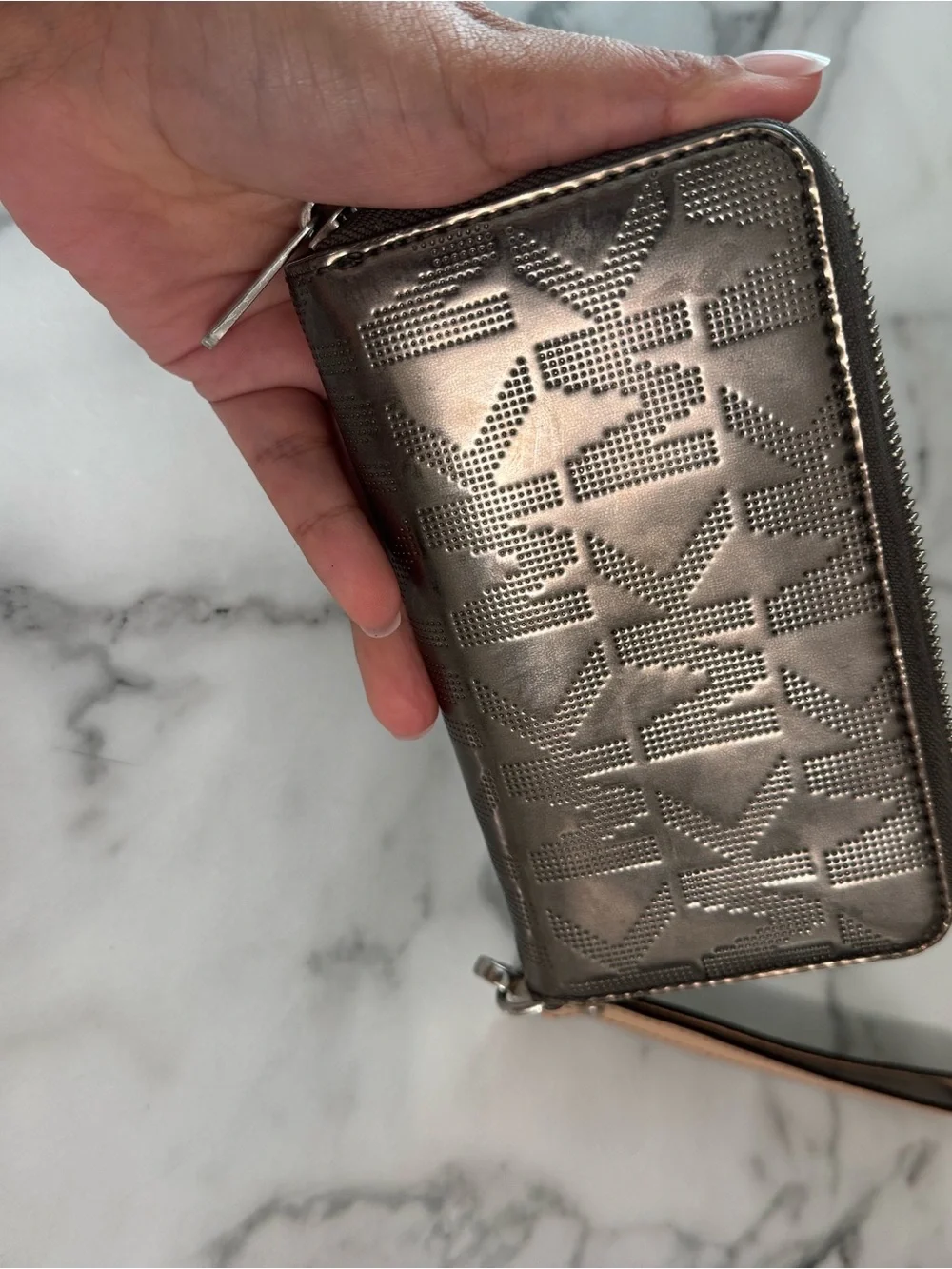 Michael Kors Metallic Brown Logo Zip Wristlet with Beige Strap